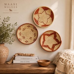 Desert Mosaic Wall Basket Set of 3 | Handwoven Boho Southwestern Decor, Rust orange terracotta & Natural
