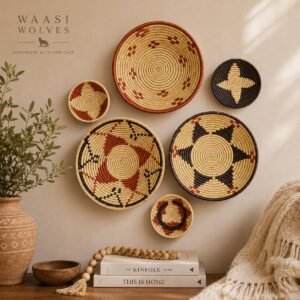 8 inches Handwoven Basket Wall Decor Set, African Southwestern Boho, Set of 6 terracotta rust and natural