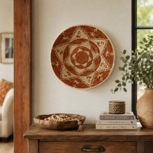 14 Inch Terracotta Wall Basket | Handwoven Rust & Cream Woven Wall Decor | Southwestern Boho Basket | Tribal Eclectic Home Decor