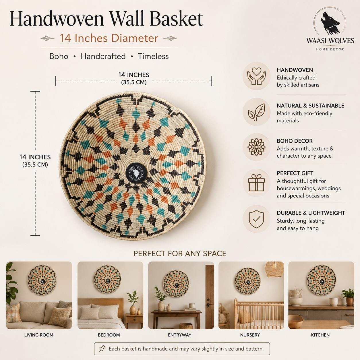 14 Inch Handwoven Wall Basket | Boho Woven Wall Decor | Teal Rust Black Geometric Basket | Southwestern Eclectic Home Decor - Image 2