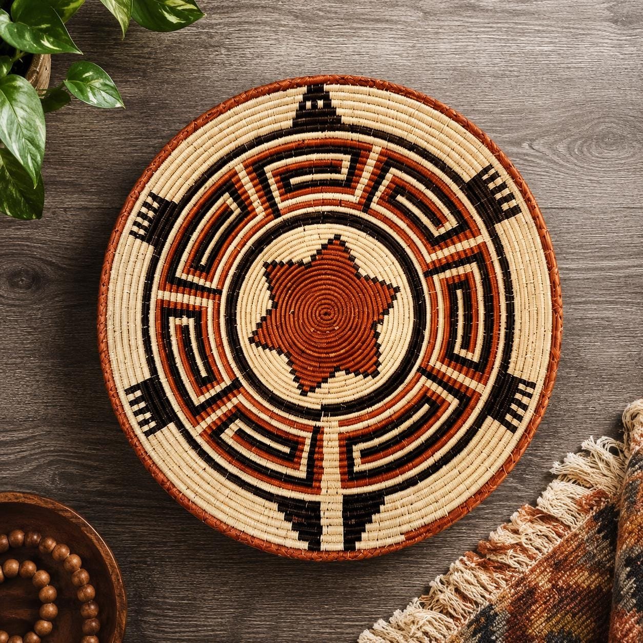 14 Inch Handwoven Wall Basket | Terracotta Black & Cream Woven Decor | Southwestern Boho Wall Basket | Geometric Tribal Home Decor - Image 4