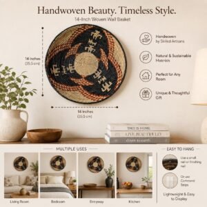 14 Inch Handwoven Wall Basket | Black Rust & Natural Woven Wall Decor | Boho Southwestern Basket | African Inspired Wall Art