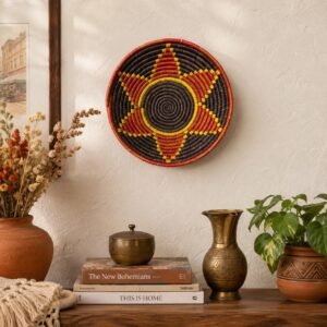 Handwoven Wall Basket 8 Inch | Rust Brown Yellow Woven Wall Decor | Boho Eclectic Basket | African Inspired Wall Art