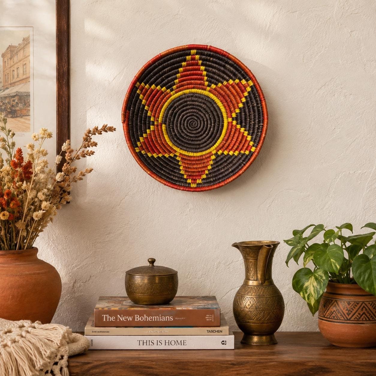 Handwoven Wall Basket 8 Inch | Rust Brown Yellow Woven Wall Decor | Boho Eclectic Basket | African Inspired Wall Art