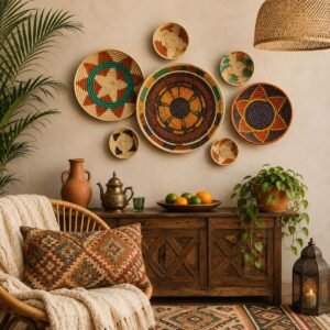 Marrakesh Star Set of 7 Handwoven Boho Wall Baskets Round Mustard Black Rust Star Woven Wall Decor Gallery Wall Bohemian Art