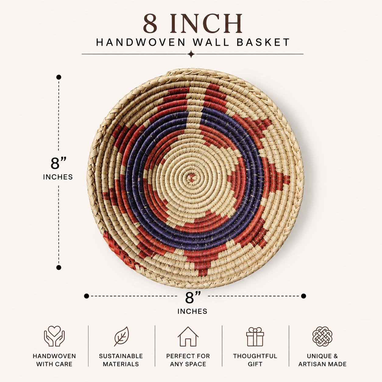 8 Inch Handwoven Wall Basket, Terracotta Rust green & Natural Cream Boho Wall Decor, Woven Basket Wall Art, Earthy Eclectic Home Decor - Image 2