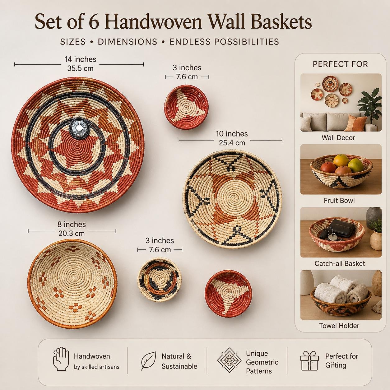 Boho Wall Basket Set of 6, Handwoven Gallery Wall Baskets, Rust & Natural Mixed Sizes | Fair Trade Home Decor - Image 2