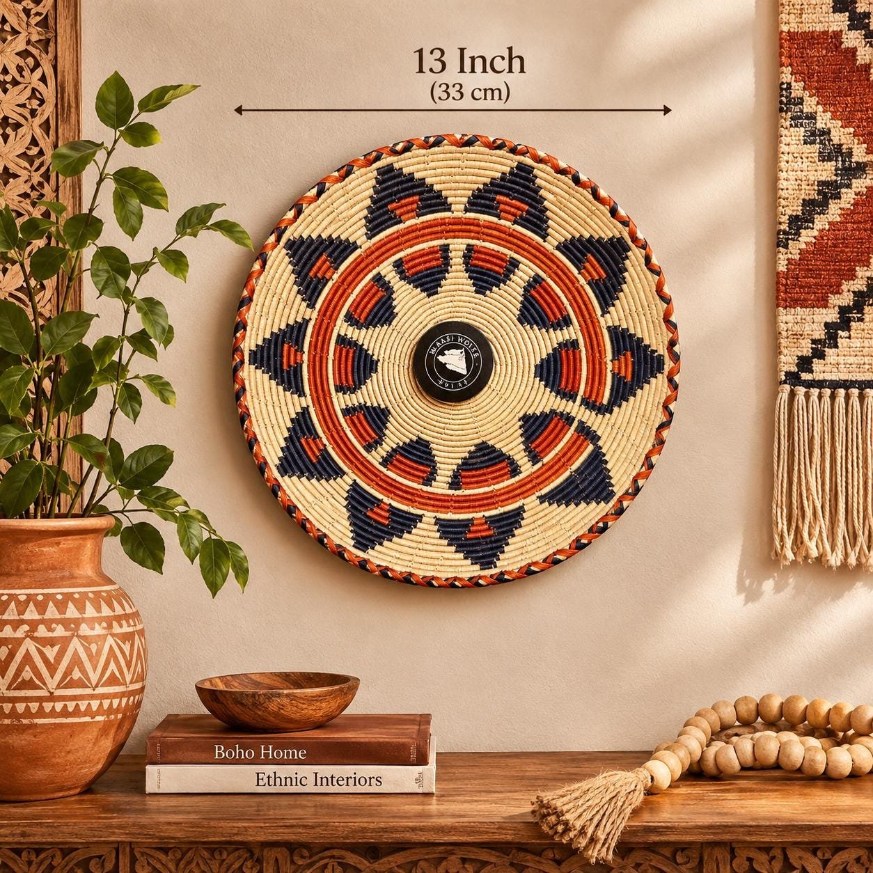 Large 13 Inch African Wall Basket, Boho Wall Basket Decor, Handmade Woven Basket, Tribal Wall Art, Neutral Nursery Decor - Image 3