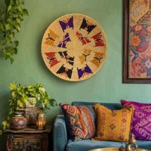 14 Inch Handwoven Wall Basket | Colorful Boho Woven Wall Decor | Purple Rust Mustard Geometric Basket | Southwestern Wall Art