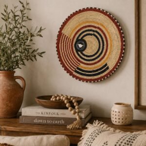13 Inch Handwoven African Wall Basket, Boho Woven Wall Decor, Large Decorative Basket, Tribal Basket Wall Hanging, Neutral Home Decor