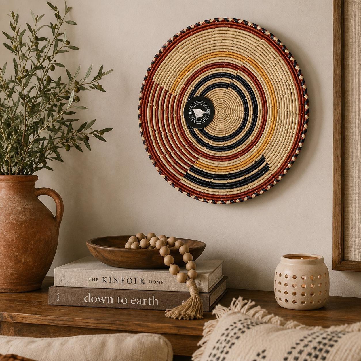 13 Inch Handwoven African Wall Basket, Boho Woven Wall Decor, Large Decorative Basket, Tribal Basket Wall Hanging, Neutral Home Decor