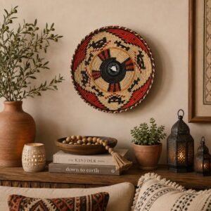 Handwoven Wall Basket 13 Inch | Terracotta Black & Natural Woven Wall Decor | Southwestern Boho Basket | African Inspired Wall Art