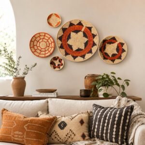 Sonoran Star Set of 5 Wall Baskets, 14 Inch Handwoven Boho Wall Decor, rust orange and black Bohemian Wall Art Home Decor