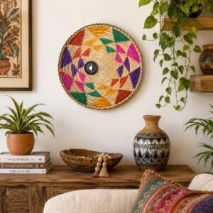 13 Inch Colorful Handwoven Wall Basket, Boho Woven Wall Decor, Pink Green Purple