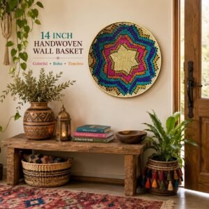 Fiesta Oasis Wall Basket 14 Inch | Handwoven Boho Wall Decor | Teal Purple Pink Woven Basket | Colorful Bohemian Wall Art Home Decor