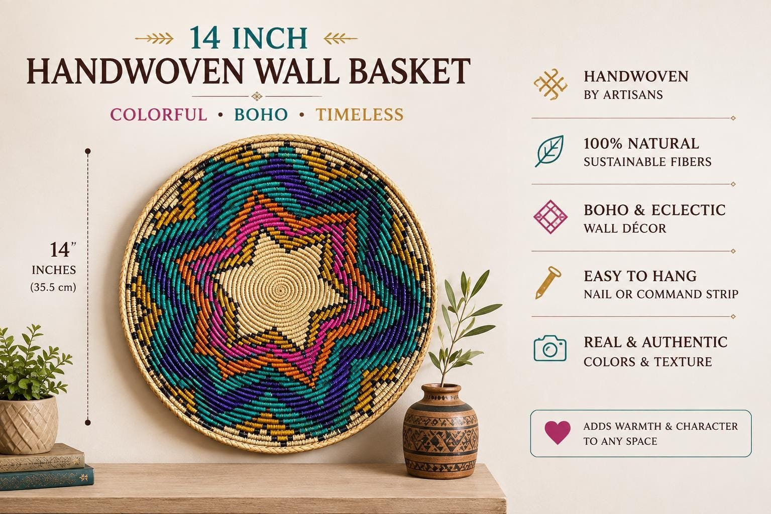 Fiesta Oasis Wall Basket 14 Inch | Handwoven Boho Wall Decor | Teal Purple Pink Woven Basket | Colorful Bohemian Wall Art Home Decor - Image 2