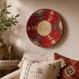 14 Inch Red Woven Wall Basket | Handwoven African Basket | Boho Southwestern Wall Decor | Tribal Wall Hanging | Rustic Home Decor