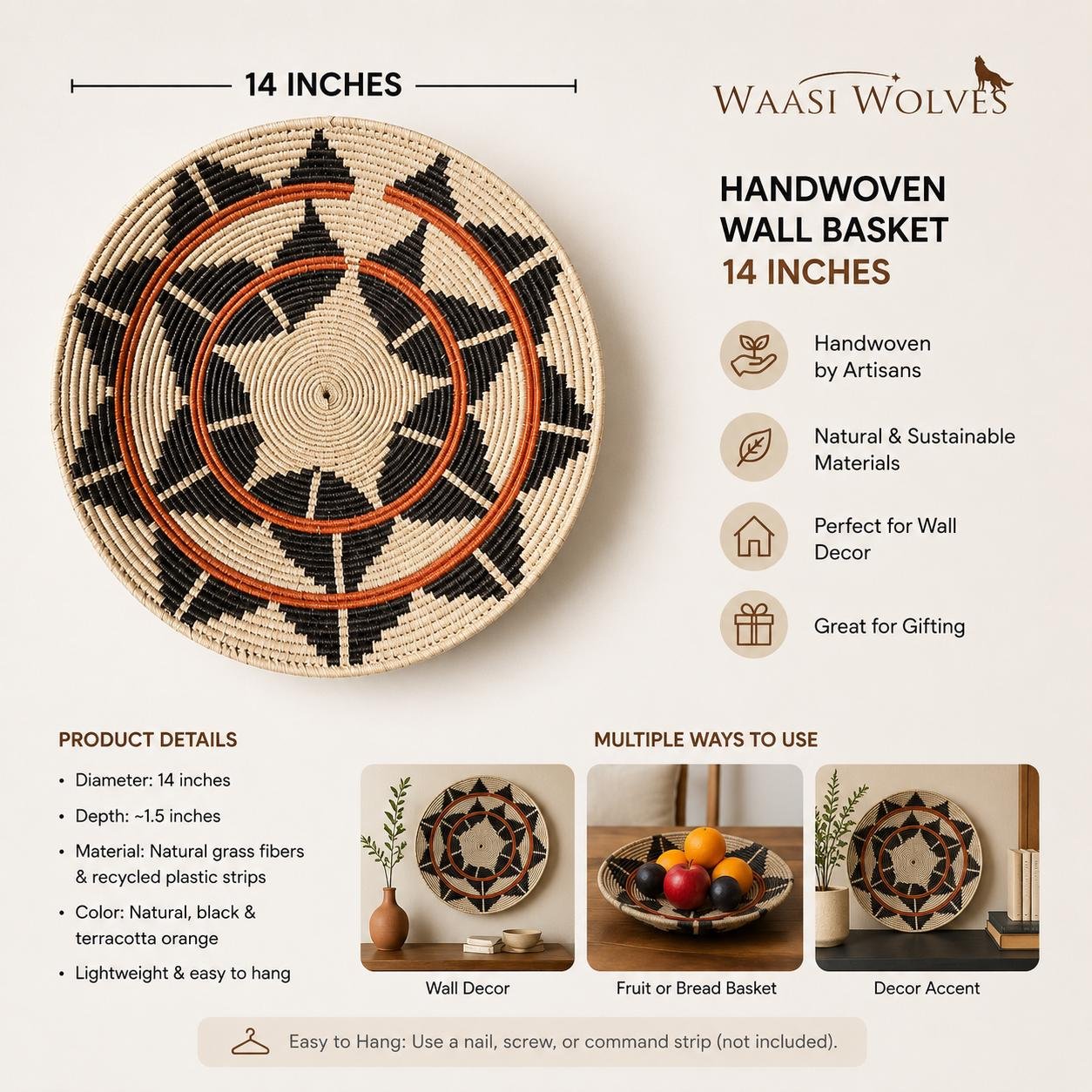14" Handwoven Wall Basket, Onyx Star Ring Black & Rust Geometric Pattern | Boho Wall Decor, Fair Trade Gift - Image 2