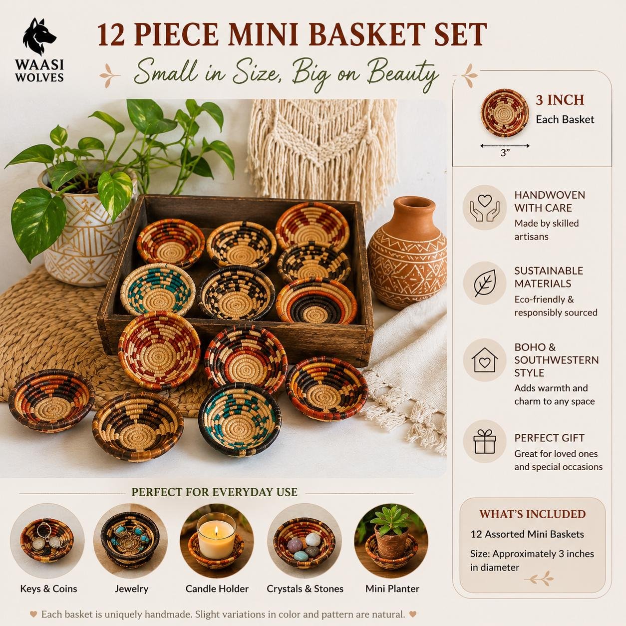 12-Piece Mini Woven Basket Set, 3 Inch Assorted Handwoven Baskets, Southwestern Boho Decor, Small Trinket & Jewelry Bowls, Gift Set - Image 4