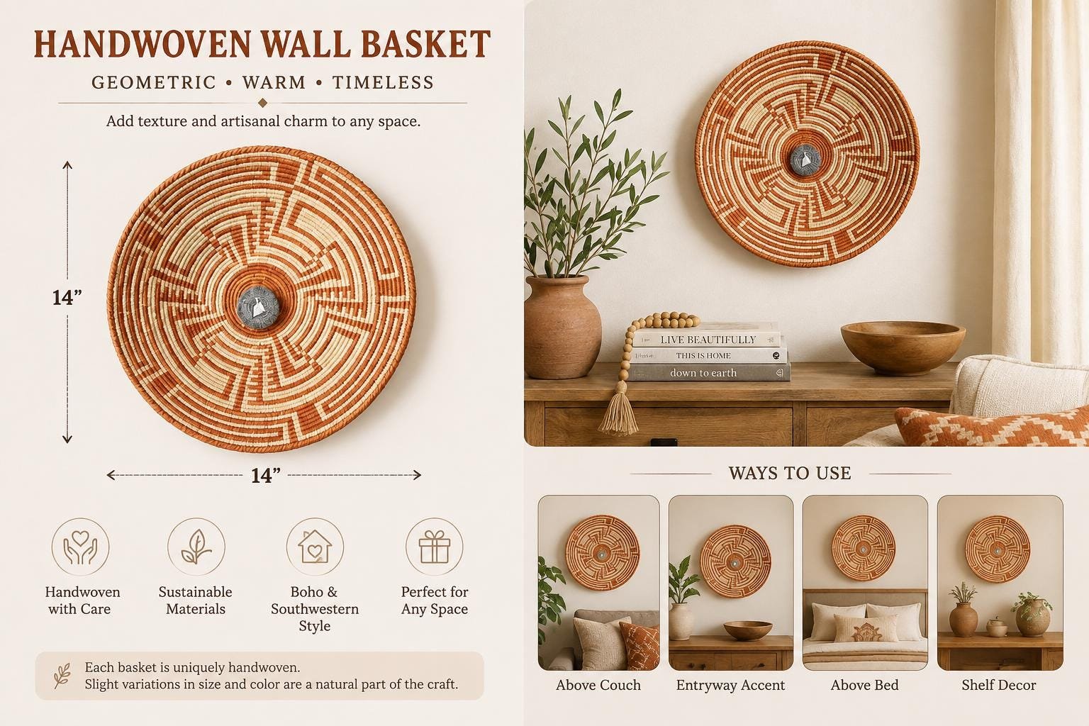 14" Handwoven Wall Basket, Rust Labyrinth Terracotta & Natural Geometric Pattern | Boho Wall Decor, Fair Trade Gift - Image 2