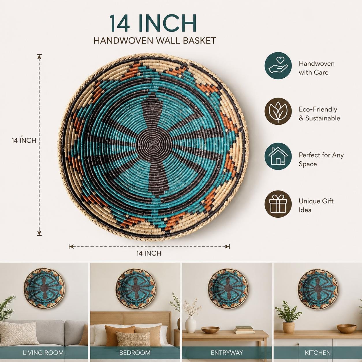 Southwestern Boho Hand Woven Dream Basket | Tribal-Inspired Wall Decor, 13.5–14 Inch - Image 3