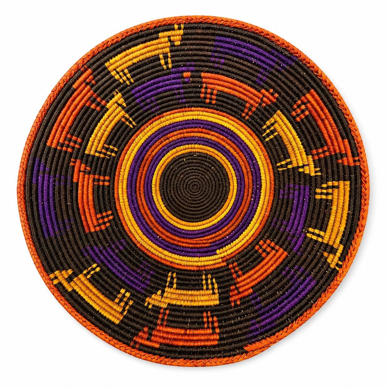 Handwoven African Wall Basket 14 Inch | Purple Orange Mustard Woven Basket | Boho Tribal Wall Decor | Colorful Ethnic Wall Hanging - Image 3