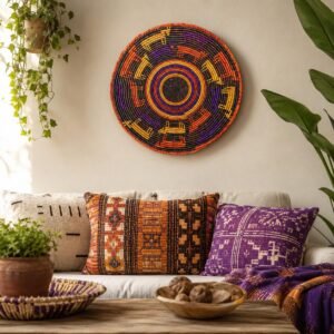 Handwoven African Wall Basket 14 Inch | Purple Orange Mustard Woven Basket | Boho Tribal Wall Decor | Colorful Ethnic Wall Hanging