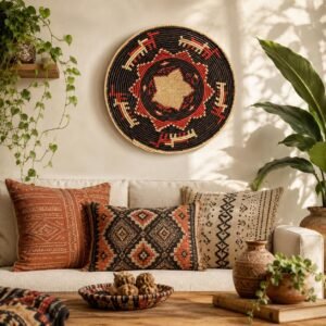 Handwoven African Wall Basket 14 Inch | Terracotta Black & Natural Woven Basket | Boho Tribal Wall Decor | Southwestern Wall Hanging