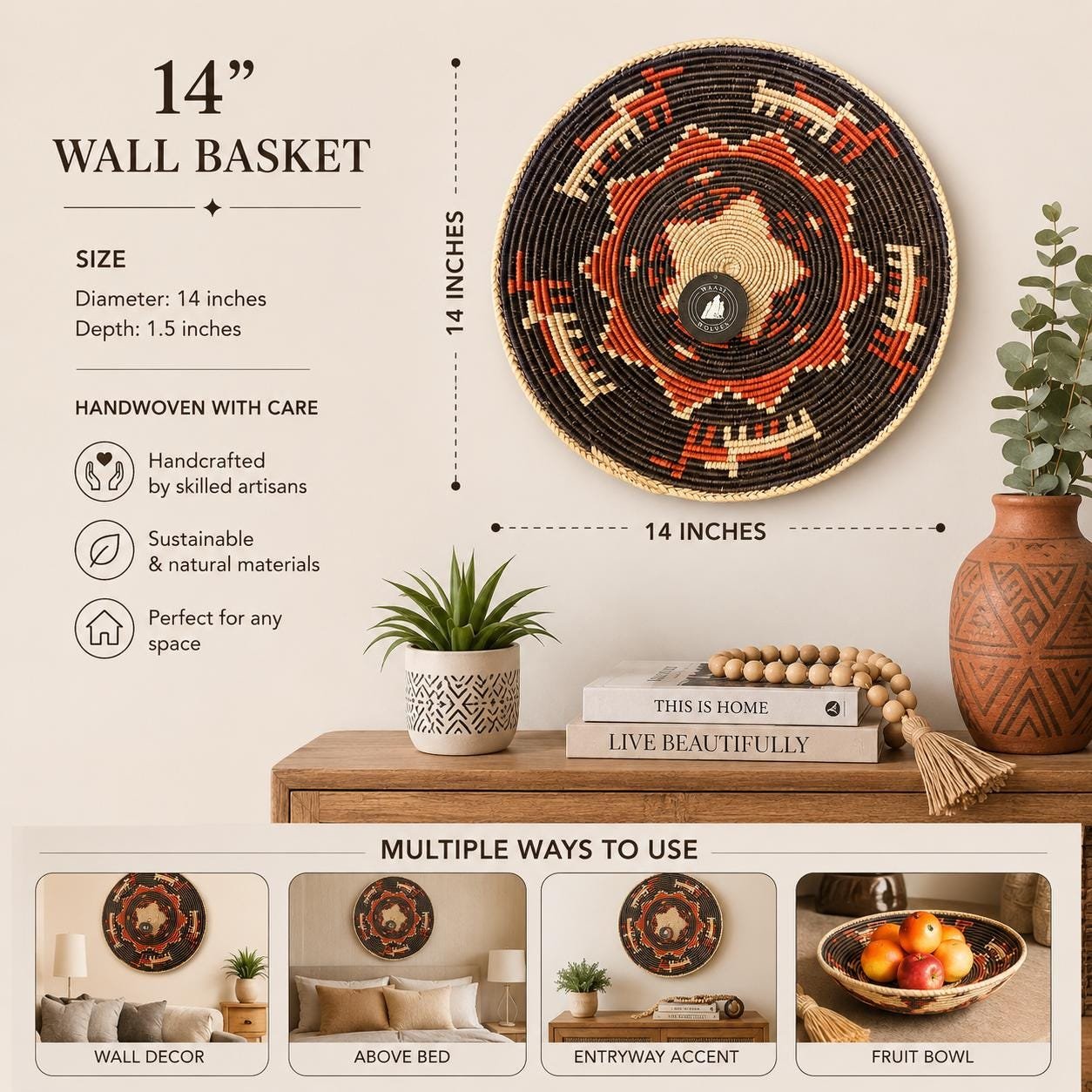 Handwoven African Wall Basket 14 Inch | Terracotta Black & Natural Woven Basket | Boho Tribal Wall Decor | Southwestern Wall Hanging - Image 2