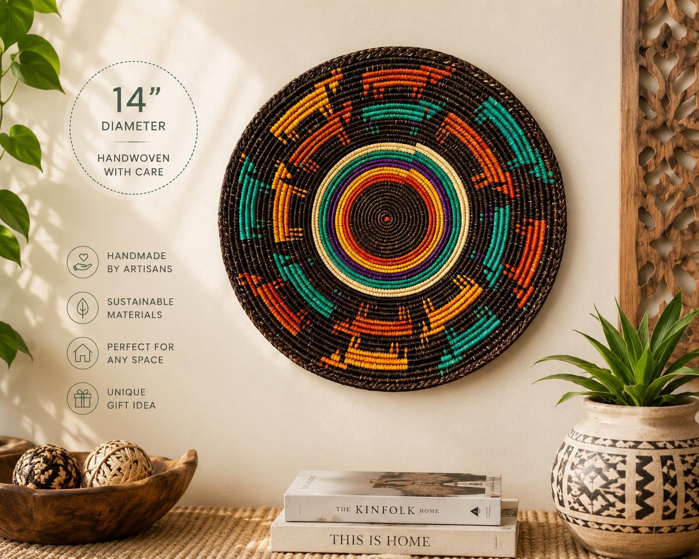 14 Inch African Woven Wall Basket, Colorful Boho Wall Decor, Handwoven Basket, Teal Orange Brown, Eclectic Southwestern Home Decor - Image 3