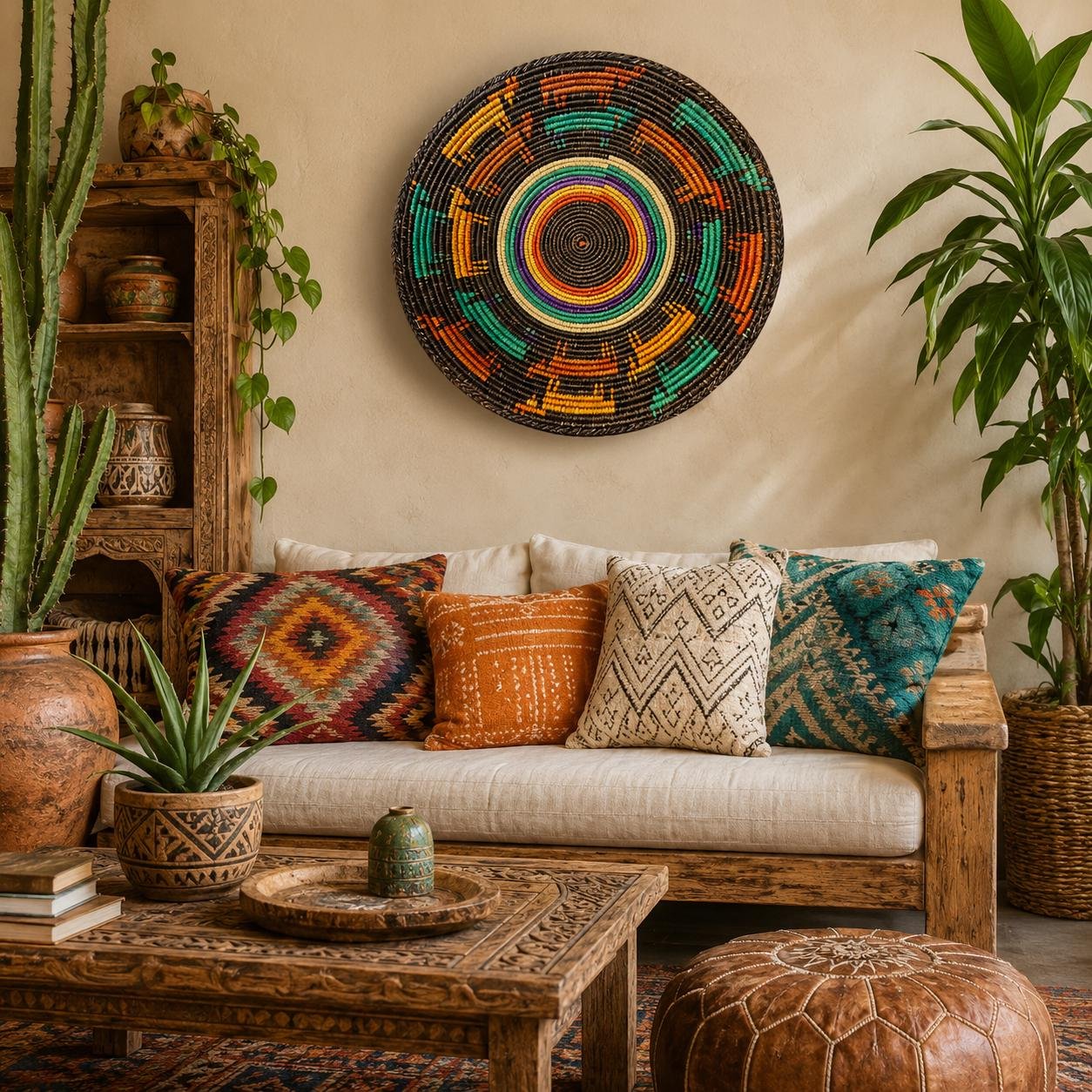 14 Inch African Woven Wall Basket, Colorful Boho Wall Decor, Handwoven Basket, Teal Orange Brown, Eclectic Southwestern Home Decor - Image 4