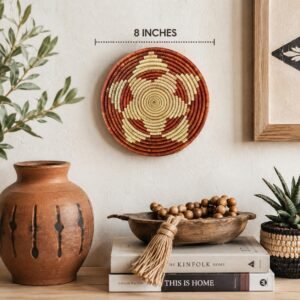 Handwoven Wall Basket 8 Inch | Terracotta & Cream Woven Basket | Boho African Wall Decor | Small Decorative Basket | Southwestern Home Decor