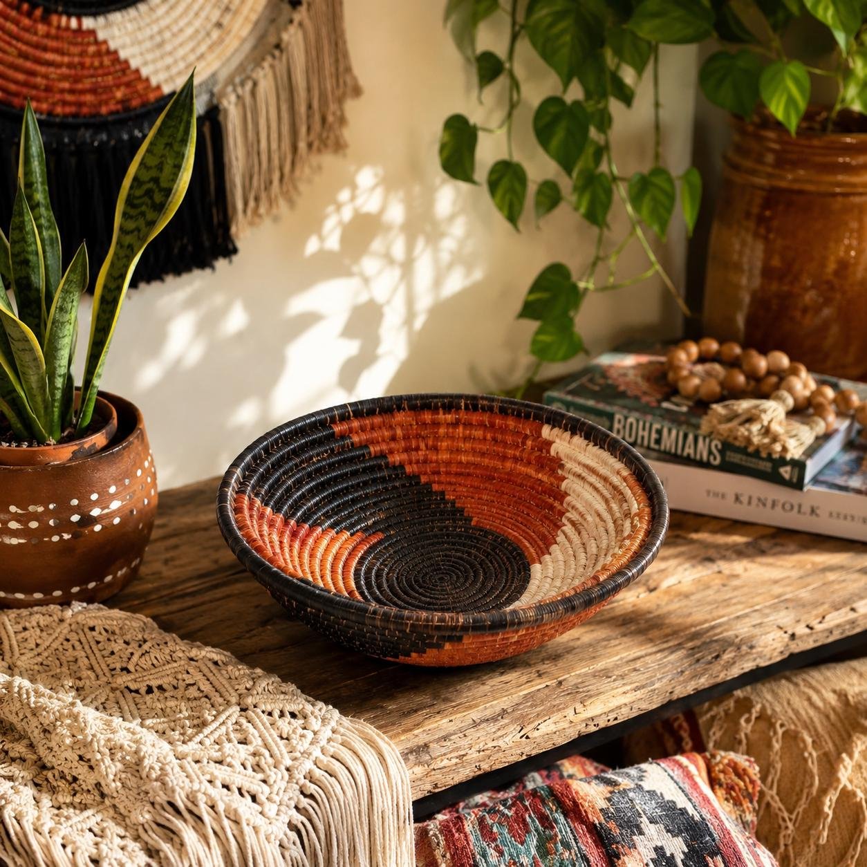 Handwoven Basket 8 Inch | African Woven Wall Basket | Boho Wall Decor | Rust & Natural Decorative Basket | Fruit Bowl | Catchall Bask - Image 5