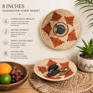 Handwoven Basket 8 Inch | African Woven Wall Basket | Boho Wall Decor | Rust & Natural Decorative Basket | Fruit Bowl | Catchall Bask