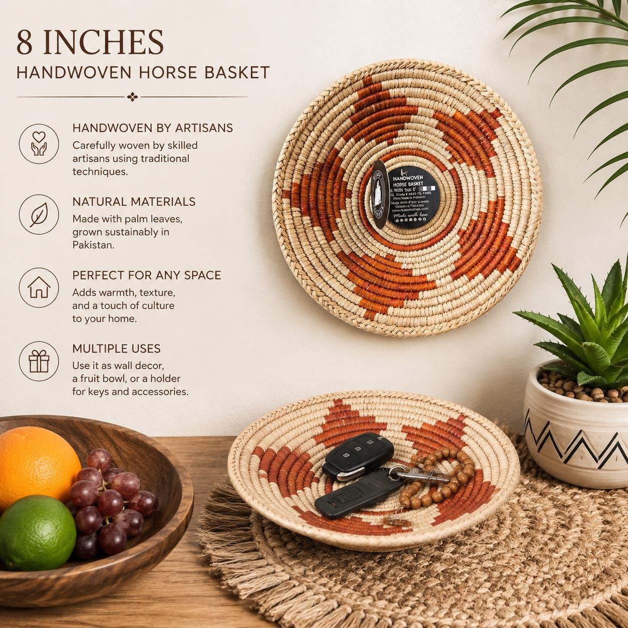 Handwoven Basket 8 Inch | African Woven Wall Basket | Boho Wall Decor | Rust & Natural Decorative Basket | Fruit Bowl | Catchall Bask