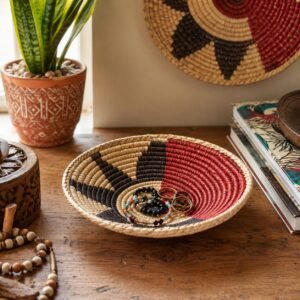 Handwoven Basket 8 Inch | African Woven Wall Basket | Boho Wall Decor | Rust & Natural Decorative Basket | Fruit Bowl | Catchall Bask