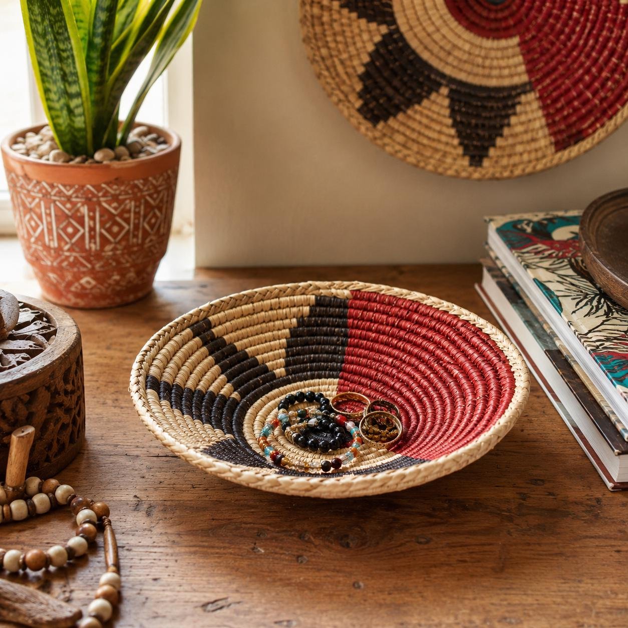 Handwoven Basket 8 Inch | African Woven Wall Basket | Boho Wall Decor | Rust & Natural Decorative Basket | Fruit Bowl | Catchall Bask
