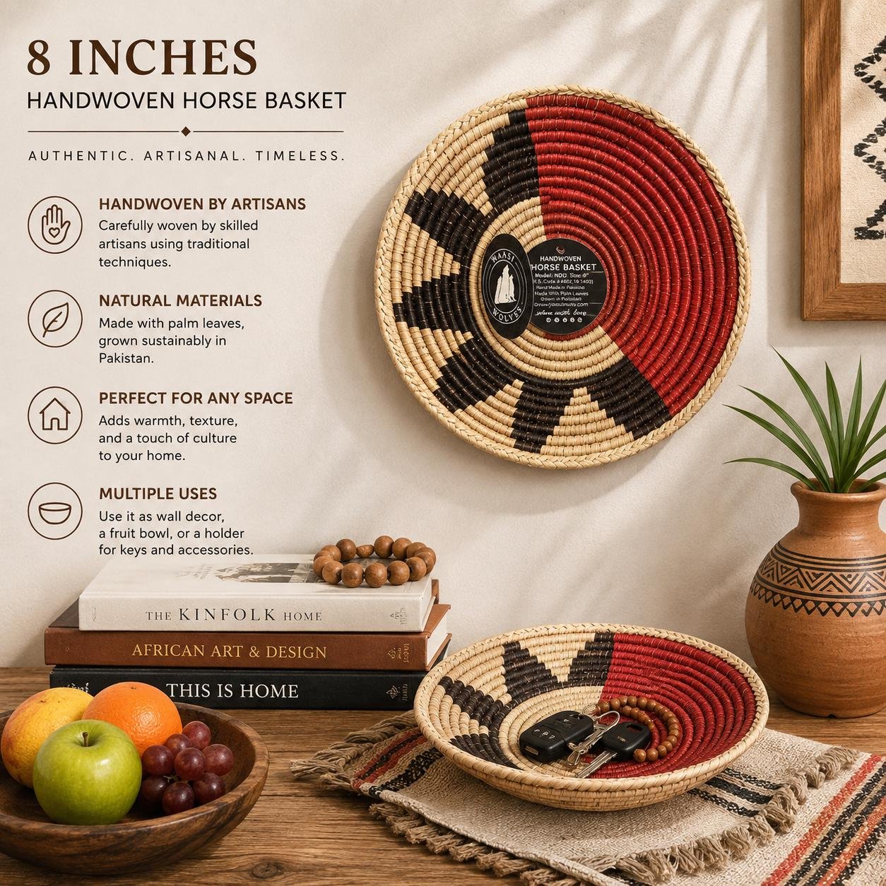 Handwoven Basket 8 Inch | African Woven Wall Basket | Boho Wall Decor | Rust & Natural Decorative Basket | Fruit Bowl | Catchall Bask - Image 4