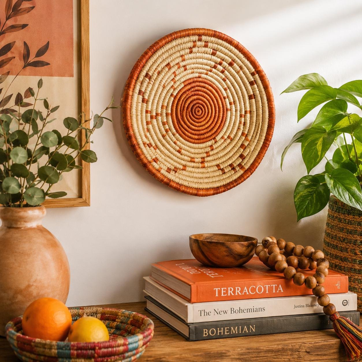 Handwoven 8 Inch Woven Basket | Terracotta & Natural Boho Wall Decor | African Inspired Basket | Small Woven Wall Hanging - Image 5
