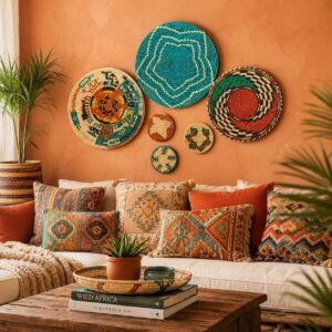 Set of 6 Handwoven African  inspired Wall Baskets | Colorful Boho Woven Wall Decor | 14 13 12 Inch Basket Set | Eclectic Gallery Wall Art