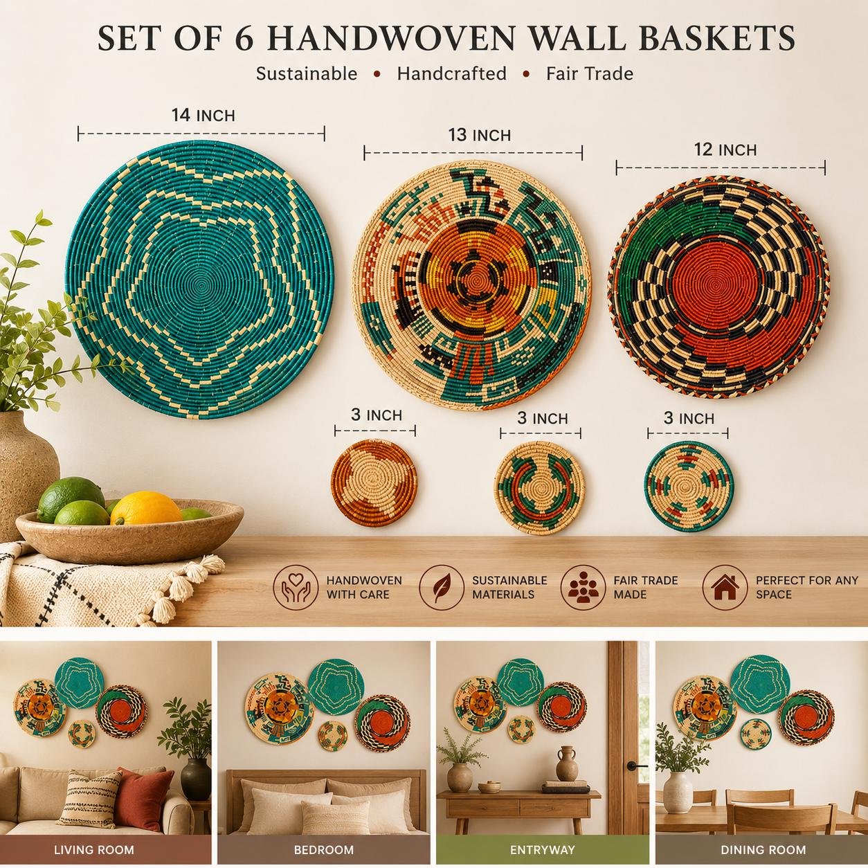 Set of 6 Handwoven African inspired Wall Baskets | Colorful Boho Woven Wall Decor | 14 13 12 Inch Basket Set | Eclectic Gallery Wall Art - Image 2