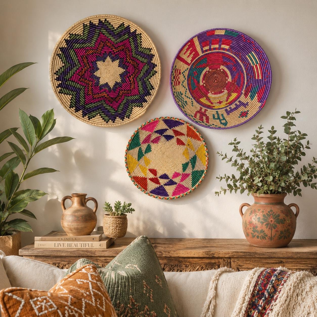 Set of 3 Handwoven African Wall Baskets, 14 Inch Colorful Woven Basket Wall Decor, Eclectic Boho Wall Art, Bohemian Home Decor - Image 2