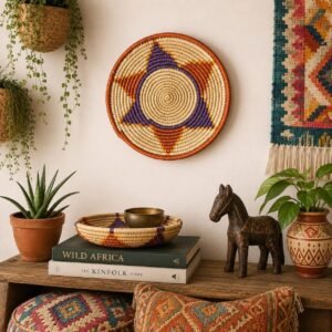Handwoven Wall Basket 8 Inch | Terracotta Purple Boho Basket | African Woven Wall Decor | Colorful Basket Bowl | Bohemian Home Decor