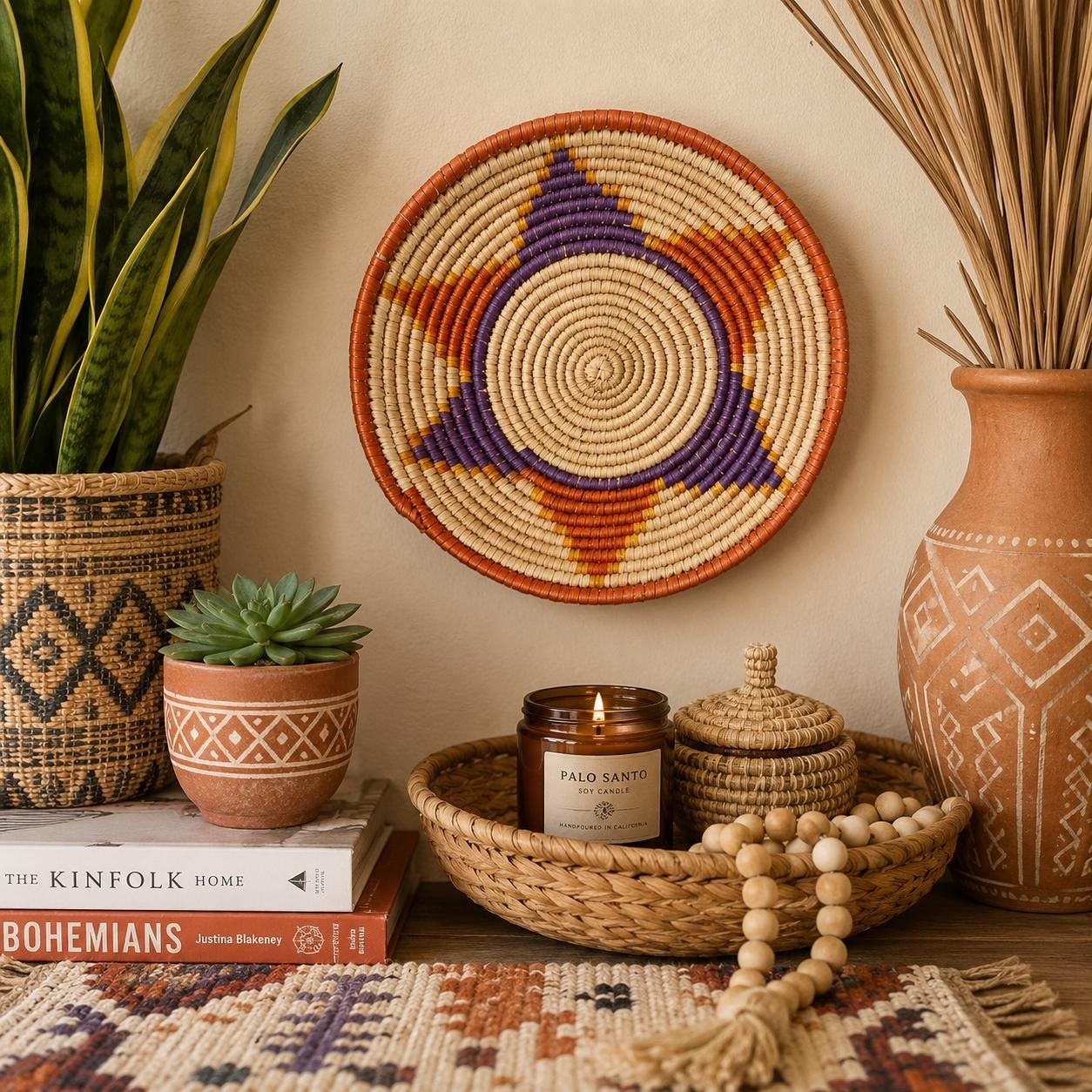 Handwoven Wall Basket 8 Inch | Terracotta Purple Boho Basket | African Woven Wall Decor | Colorful Basket Bowl | Bohemian Home Decor - Image 2