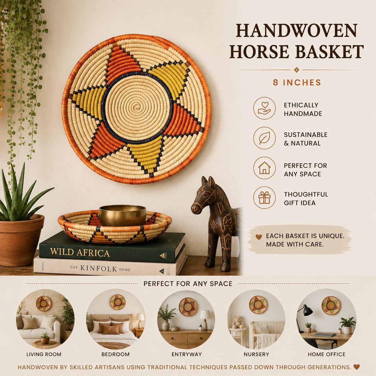 Handwoven Wall Basket 8 Inch | Terracotta Mustard Boho Basket | African Woven Wall Decor | Colorful Basket Bowl | Bohemian Home Decor - Image 2