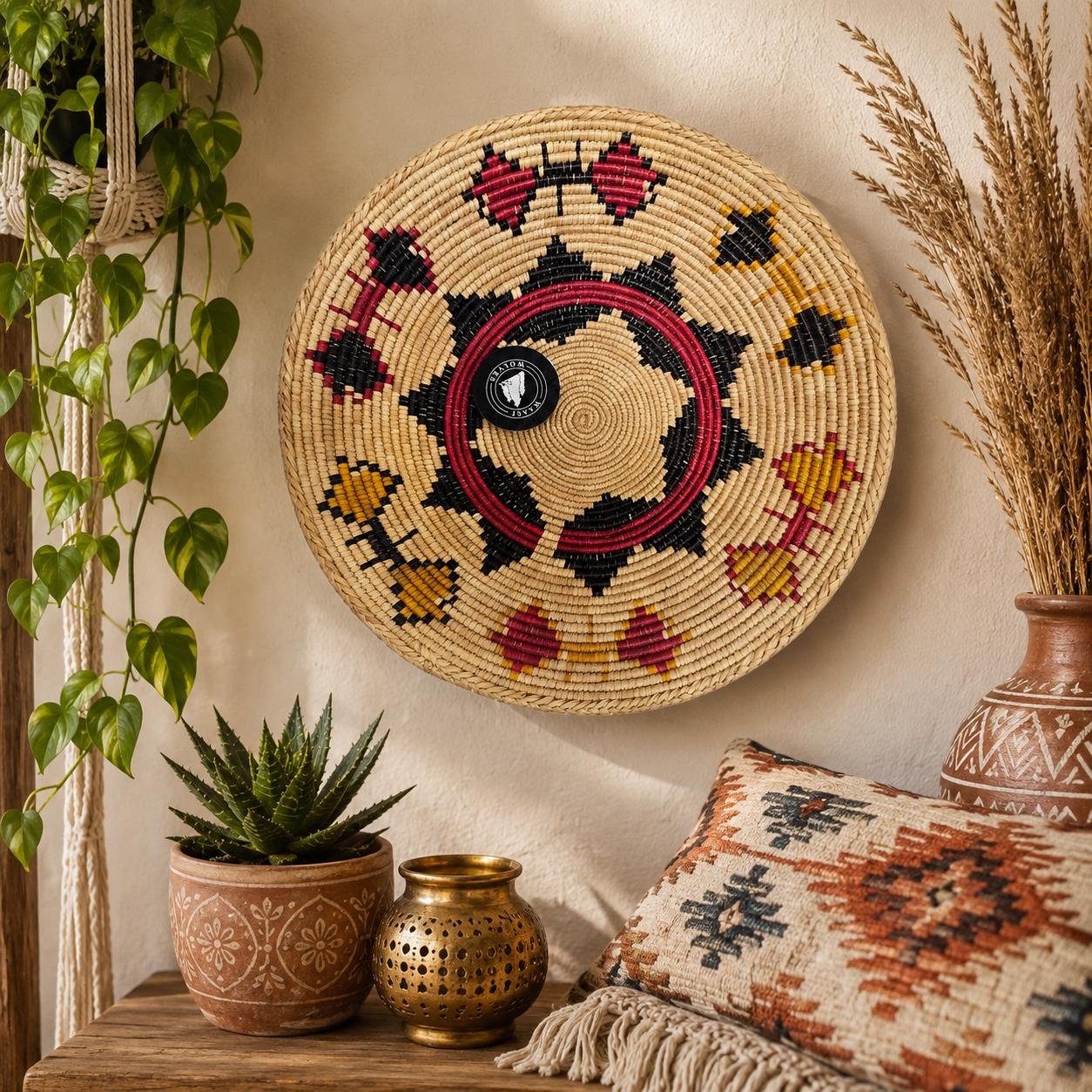 Colorful Woven Wall Basket 14 Inch, Boho African Basket Wall Decor, Handmade Tribal Wall Art, Eclectic Bohemian Home Decor