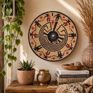 African Woven Wall Basket 14 Inch, Black Red Boho Wall Decor, Handmade Tribal Basket, Eclectic Southwestern Wall Art