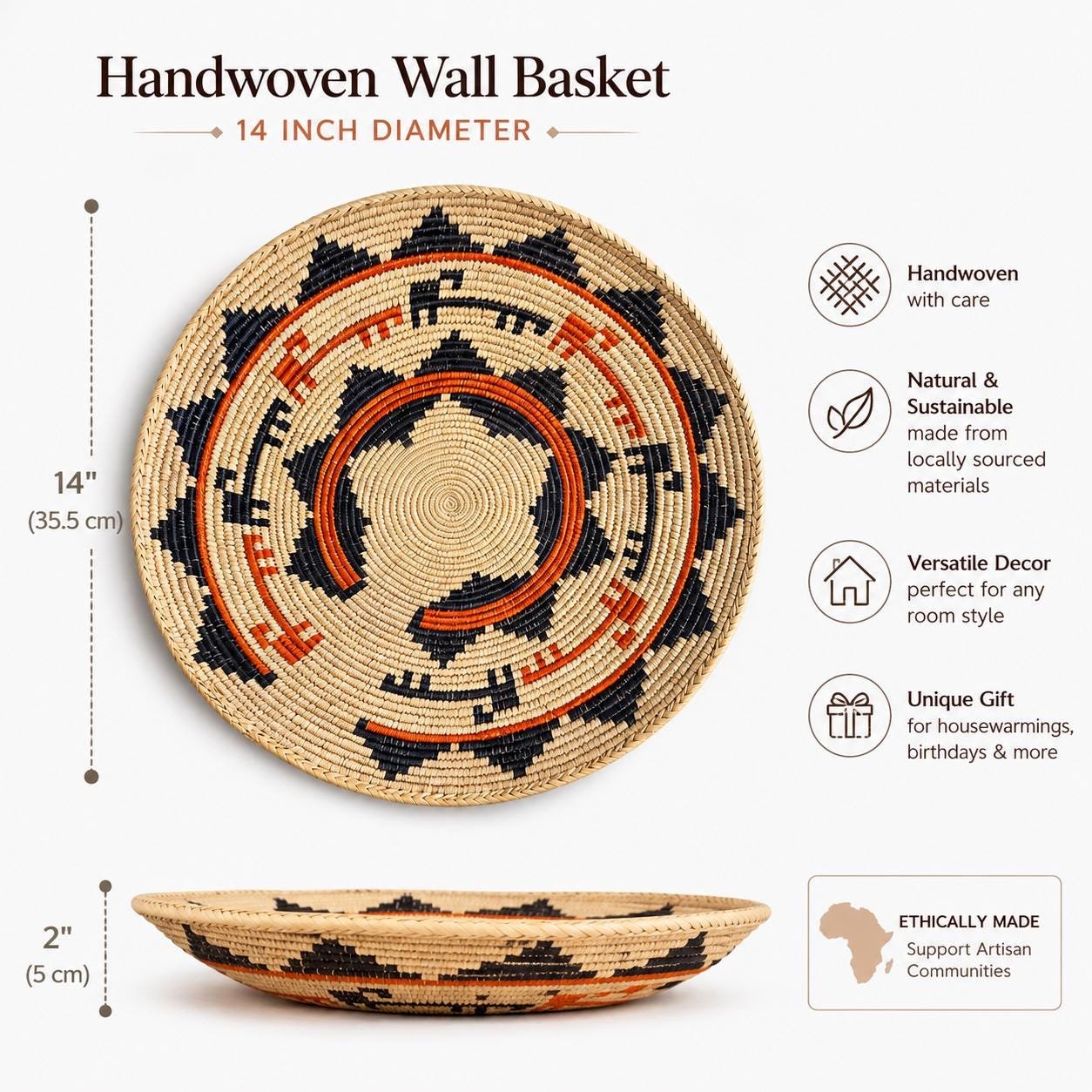 14 Inch Handwoven Wall Basket, African Woven Basket, Terracotta Brown Boho Wall Decor, Southwestern Basket, Tribal Wall Art - Image 2
