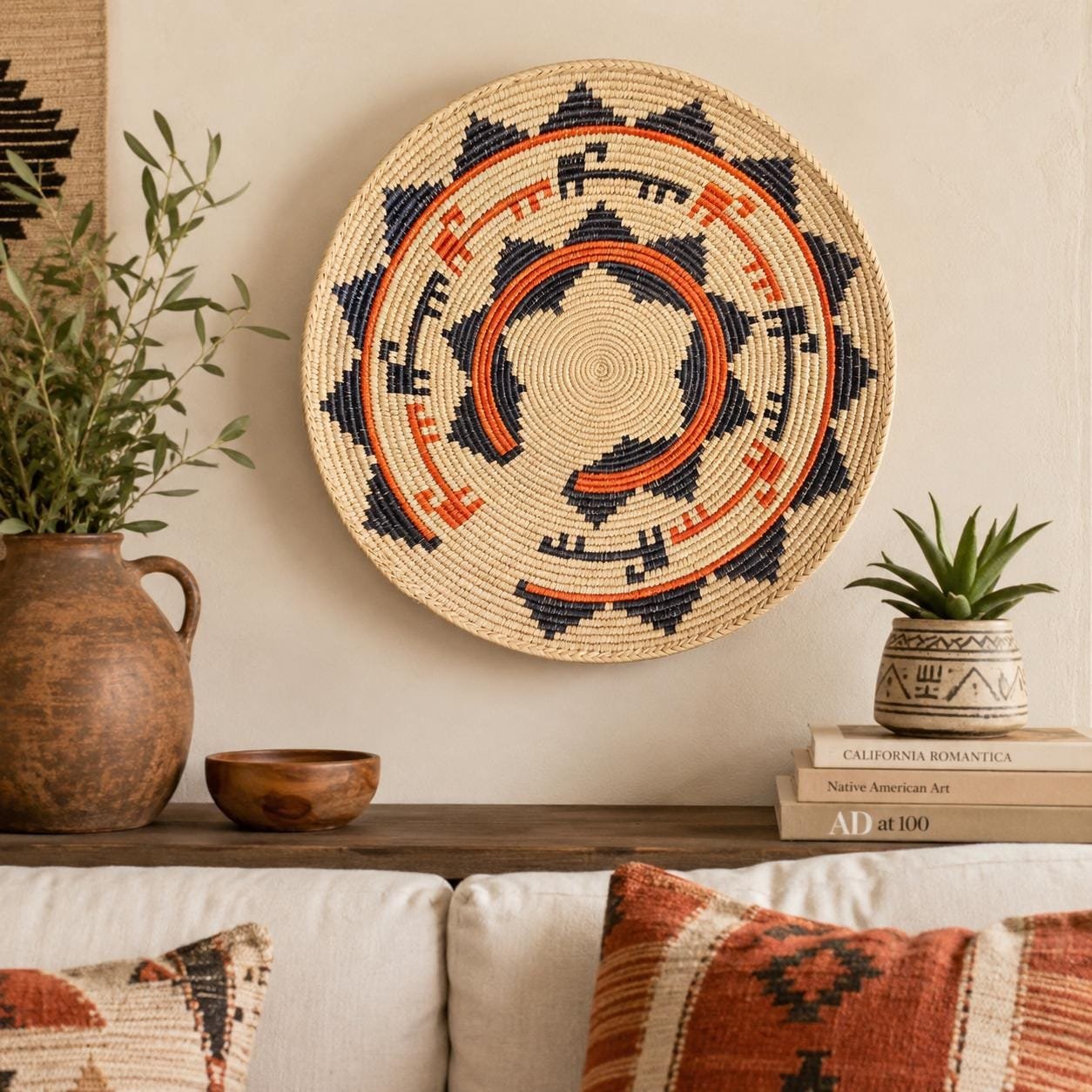 14 Inch Handwoven Wall Basket, African Woven Basket, Terracotta Brown Boho Wall Decor, Southwestern Basket, Tribal Wall Art