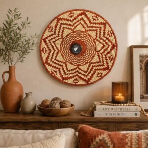 Rust Halo 13" Handwoven Boho Wall Basket, Rust Navy Cream Sunburst Wall Decor, African Wall Basket Bohemian Wall Art Home Decor